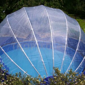 TROPIKO pool roofing for the extended swimming season, a warm pool and azure clean water. For above ground and inground (circular / round) garden pools. Pool cover.